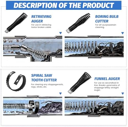 9-Piece Drain Snake Drill Attachment Kit, Drain Auger Replacement Heads with Hex Wrench for 5/16in-3/4in Cable, Fits 50ft-100ft Machines