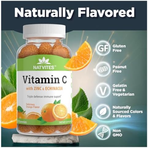 Vitamin C and Zinc Gummies for Adults with Echinacea and Rose Hips – Orange Flavored Gummy Vitamins for Women & Men – Immune Support