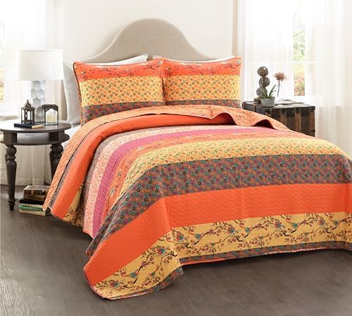 Lush Decor Royal Empire Reversible Cotton Quilt Set, 3 Piece Set Full/ Queen, Plum - Striped Bedding Set - Floral Quilt Queen Size - Purple Bedding - Boho Decor