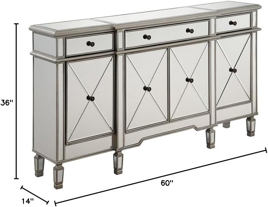 Elegant Lighting 3 Drawer 4 Door Cabinet in Silver Clear 60" x 14" x 36"