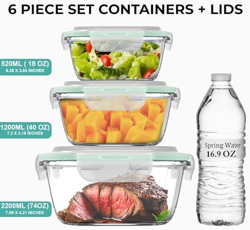 Razab 6 PC Square Glass Food Storage Containers with Airtight lids (74