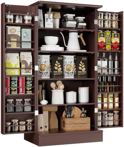 kepptory 47” Pantry Cabinet, Kitchen Pantry Storage Cabinet with Doors and Adjustable Shelves,Freestanding Buffet Cupboards Sideboard for Living Room and Dinning Room (White)