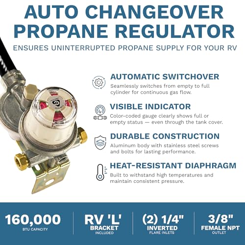 Kosan 924N RV Propane Regulator for RV Trailer, Auto Changeover Dual Cylinder Setup, 160000 BTU Capacity