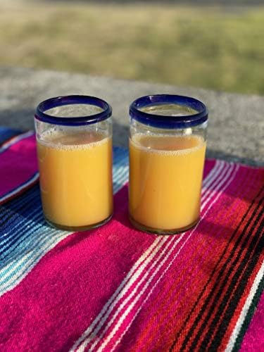 Hand Blown Mexican Drinking Glasses - Set of 6 Juice Glasses with Cobalt Blue Rims (8 oz each)