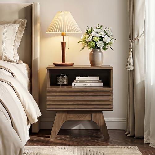 AODK 19 Inch Wide Fluted Nightstand Set of 2 with Drawer, Dark Walnut | Open Storage Shelf, Smooth Metal Slides, 4 Stable Legs