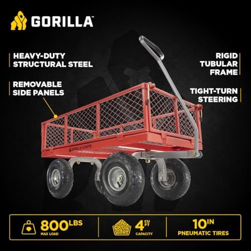 Gorilla Carts 800-Pound Capacity Heavy Duty Steel Mesh Versatile Utility Garden Wagon with Easy Grip Handle for Outdoor Hauling, Red, Model GOR800-COM | 800-lb Capacity Steel Utility Garden Cart for Homeowners and Contractors Hauling Firewood, Bricks and…