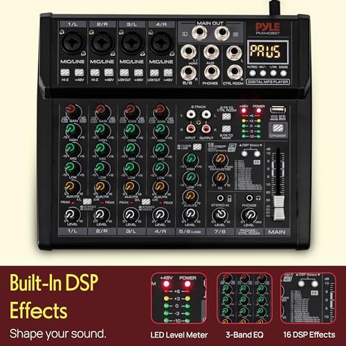 Pyle Professional Wireless DJ Audio Mixer - 4 Channel Bluetooth Controller Sound Mixer, USB Audio Interface
