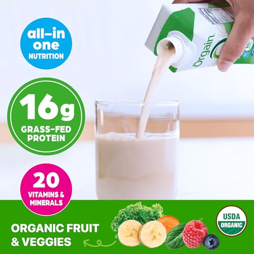 Orgain Organic Grass Fed Dairy 16g Protein Shake, Vanilla, 11oz, 12pk | Ready to drink grass-fed dairy protein, meal replacement, 20 vitamins & minerals, fruits & vegetables, non-GMO, gluten-free