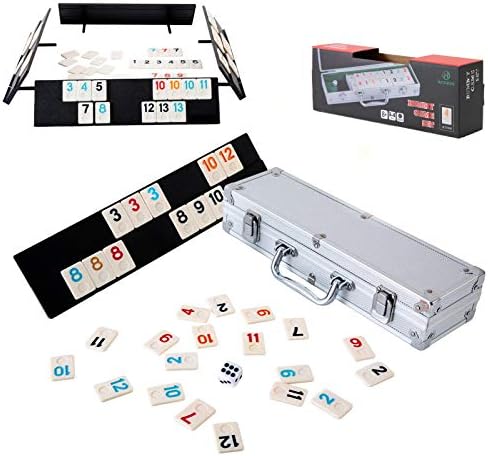 Homwom 106 Tiles Rummy Game - Travel Games Rummy Board Game Rummy Set with Aluminum Case & 4 Anti-Skid Durable Trays