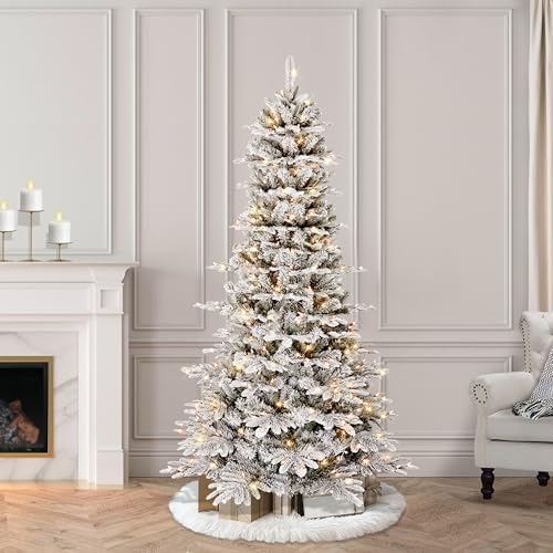 Puleo International 7.5ft Pre-Lit Slim Flocked Aspen Fir Christmas Tree with 450 Clear Lights, 1016 Realistic Dense Snow Flocked Branch Tips, Easy Setup Artificial Trees with Sturdy Metal Stand