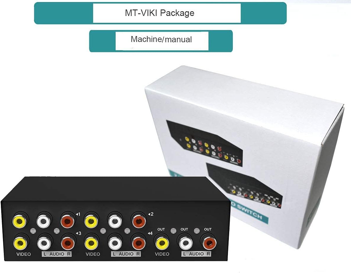 MT-ViKI 4 Way AV RCA Switch, 4 in 1 Out Composite Video L/R Audio Switcher Selector Box for DVD Player, SNES, N64, PS2/3 Game Consoles