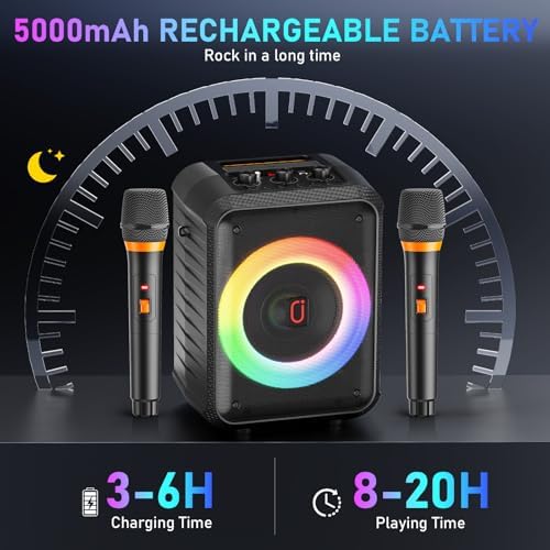 JYX Karaoke Machine for Adults & Kids with 2 Wireless Microphones, Portable Bluetooth Speaker with LED Lights, Supports USB/TF Card/AUX for Party
