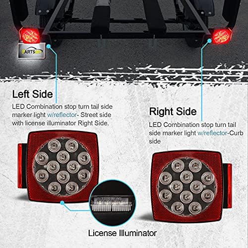Partsam 12V Waterproof Square LED Trailer Tail Light Kit Clear Lens Red Trailer Brake Stop Tail Turn Signal Running Lights License Kit for Camper