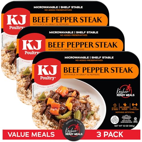 KJ Poultry Kosher Ready Meals - Beef Pepper Steak & Rice, MRE Meat Meals Ready to Eat (1 Pack) Prepared Entree Fully Cooked, Shelf Stable Microwave Dinner Travel, Military, Camping, Emergency Survival