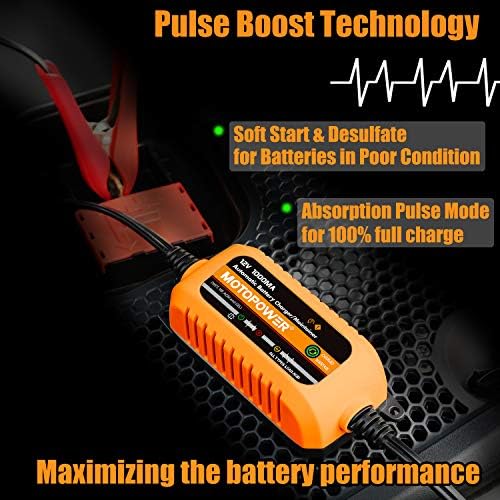 MOTOPOWER MP00205B 12V 1000mA Automatic Battery Charger, Battery Maintainer, Trickle Charger, and Battery Desulfator with Timer Protection - Grey
