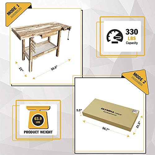 Olympia Tools 48 Inch Acacia Hardwood Woodworking Carpentry Work Bench Table with Built in Vise, Storage Drawer and Shelf, 330 Pound Capacity
