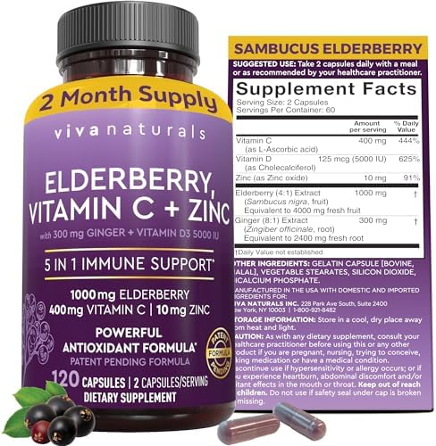Viva Naturals Elderberry with Vitamin C and Zinc for Adults - 5 in 1 Sambucus Black Elderberry Capsules with Vitamin D3 5000 IU Immunity Supplement