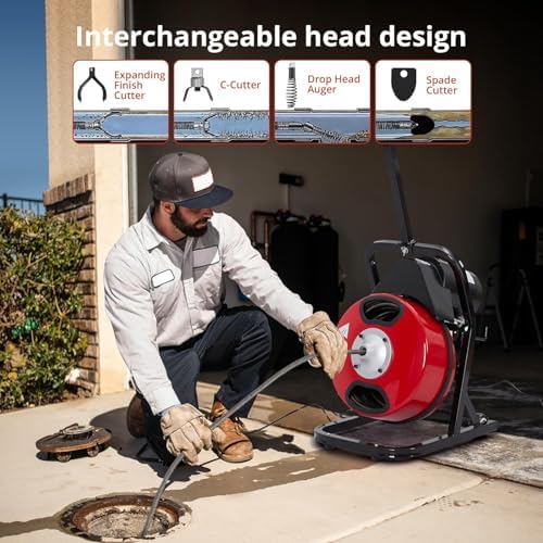 Drain Cleaning Machine, 50FT x 1/2 Inch Professional Electric Drain Auger with 4 Cutters & Foot Switch and Pair of Gloves for 1 to 4 Inch Pipes, Red