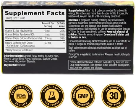 HealthA2Z® PerkUp® Energy Booster, Natural Caffeine 50mg, B Vitamins, Melt-in-Mouth Cubes, Sugar Free, Zero Calorie, Energy, Focus & Productivity