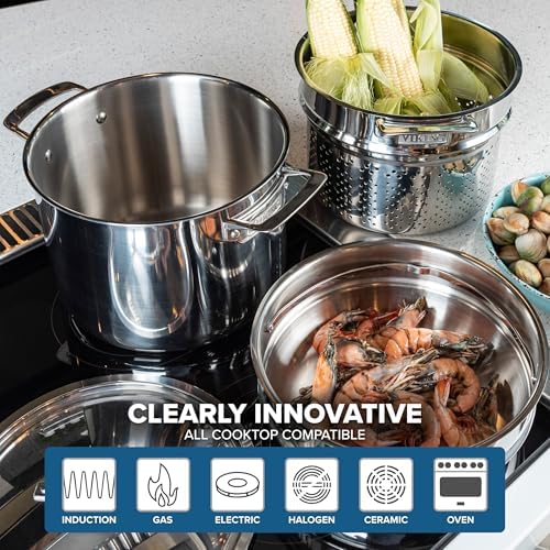 Viking 3-Ply Stainless Steel Pasta Pot with Lid, 8 Quart, 4 Piece Multipot Kitchen Cookware, Includes Pasta Insert and Steamer Basket