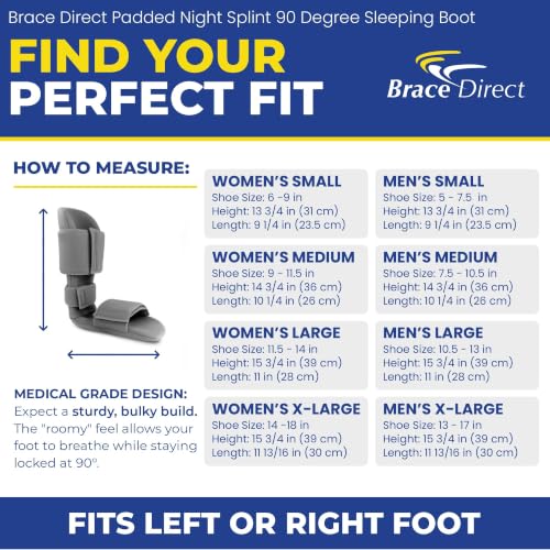 Brace Direct Padded Night Splint 90 Degree Sleeping Boot - Immobilizing Stretching Support for Plantar Fasciitis, Drop Foot, Achilles Tendonitis