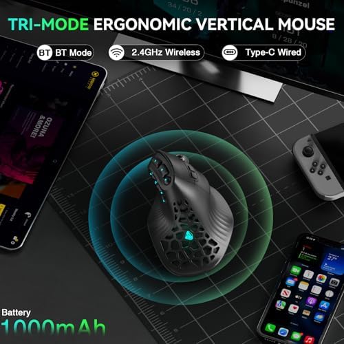 SOLAKAKA E9 Vertical MMO Gaming Mouse,24800 DPI,Tri-Mode Ergonomic Wireless Mouse with 10 Side Buttons,RGB Mouse for PC/Mac Black