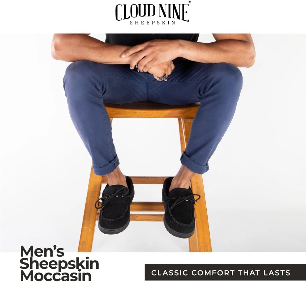 Cloud Nine Sheepskin Men's Moccasin Slippers - Classic Comfortable Slip-On Slippers for Men with Removable Insole