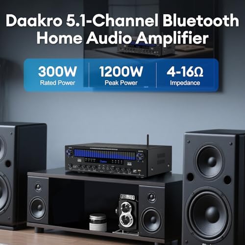 Daakro Stereo Receivers Home Audio Amplifier w/DSP Display, 300W Rated Power 5.1 Channel Bluetooth Receiver