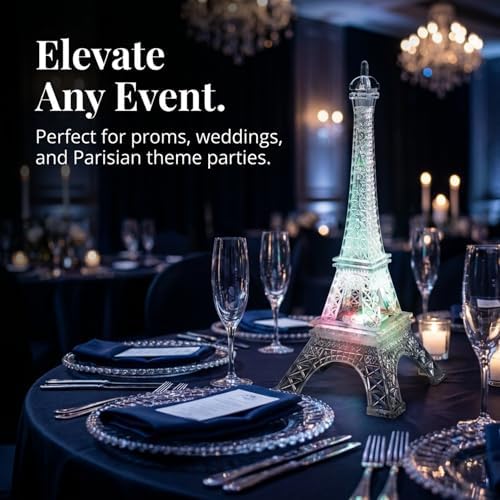 Anderson's Eiffel Tower Centerpiece with Color-Changing LED Lights, 10 inches, Battery-Operated Paris Theme Decoration