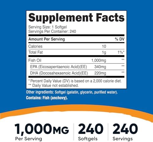 Nutricost Fish Oil Omega 3 Softgels with EPA & DHA, 240 Softgels, GMO-Free | 1000mg of Fish Oil, 560mg of Omega-3, Gluten Free