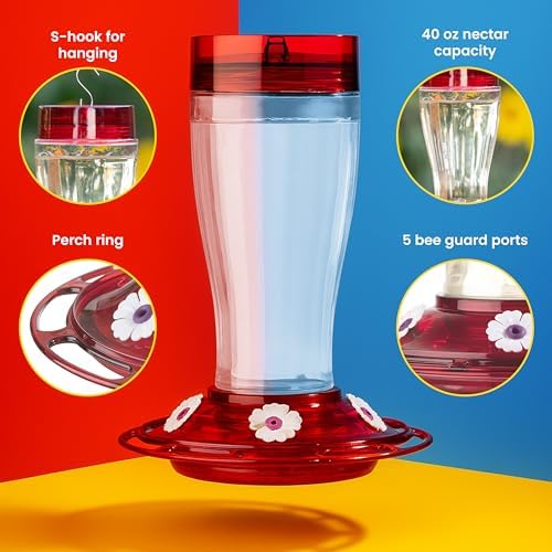 More Birds Bird Health+ Big Gulp Hummingbird Feeder, Glass Hummingbird Feeders for Outdoors, 5 Feeding Stations, 40 Ounces | Built-in Ant Moat