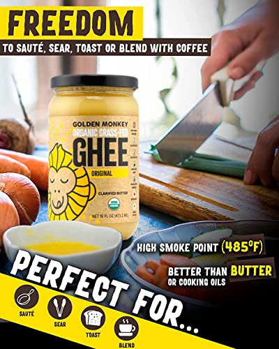 GOLDEN MONKEY Organic Ghee Butter – Grass Fed Clarified Butter for Cooking, Baking