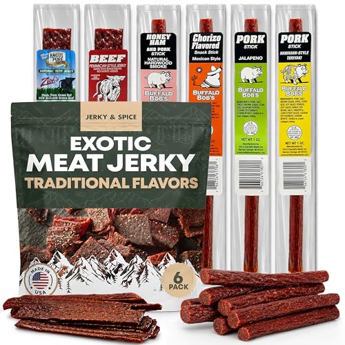 Buffalo Bob's Exotic Meat Random Flavors - Beef Jerky Variety, 6-Pack | Sampler Set, Gift Basket for Men, Hunting & Camping Adventure, Stocking Stuffers, High Protein Snack, Gluten-Free Diet