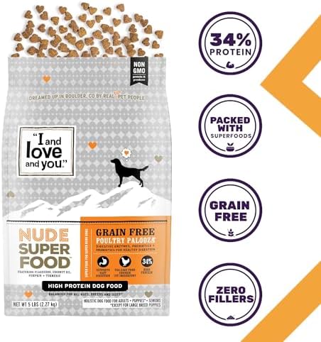 I and love and you Nude Super Food Dry Dog Food - Salmon + Whitefish - Prebiotic + Probiotic, Grain Free, Real Meat, No Fillers, 5lb Bag