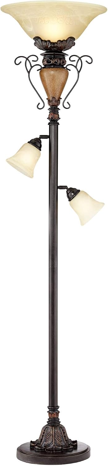 Ludo 72" Tall Bronze Crackle Tree Torchiere Floor Lamp Living Room | Vintage Traditional Antique Adjustable Alabaster Glass Shades Slide Dimmer