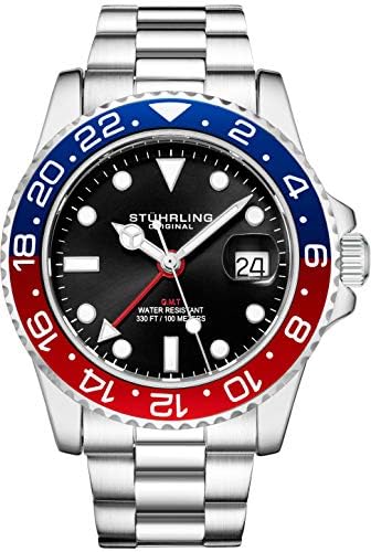 Stuhrling Original Men's Stainless Steel GMT Watch Quartz - 42mm Quartz Analog Wrist Watch for Men, Mens Quartz Watch, Stainless Steel Case