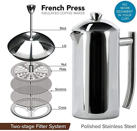 Frieling Double-Walled Stainless Steel French Press Coffee Maker - 36 oz Polished & Insulated Press Pot - Stainless Steel Coffee Maker