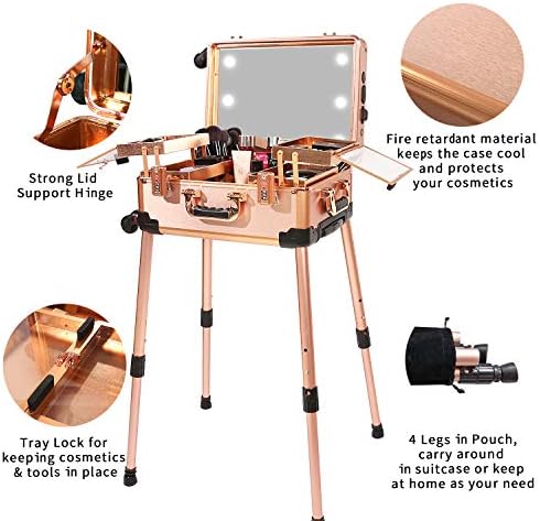 Medium Makeup Train Case with Code Lock, Lighted Mirror, Speaker Travel Cosmetic Organizer Box, Professional Artist Trolley Studio Free Standing Case