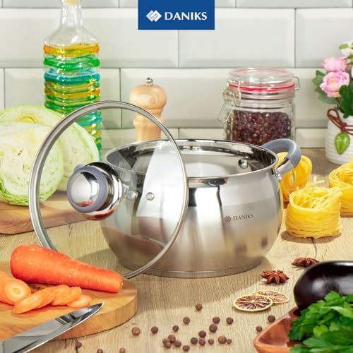 Daniks Modern 4 Quart Stainless Steel Stock Pot with Glass Lid, Tri-Ply Bottom for Even Heating, Induction Compatible, Dishwasher Safe