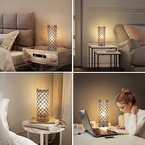 Crystal Table Lamp, 3 Way Touch Control Dimmable Bedside Nightstand Lamp | Silver Crystal Desk Lamp