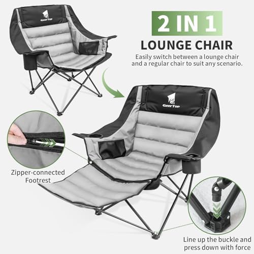 GEERTOP Oversized Padded Camping Folding Chair with Removable Footrest | Extra Comfort chair, Heavy-duty Frame, Supports up to 400 lbs, Foldable
