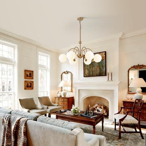 Vintage Brushed Gold Chandeliers for Dining Room Light Fixture, 6-Light Mid Century Milk Glass Globe Chandelier