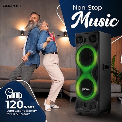 Dolphin Bluetooth Party Speaker with 2 Wireless Mics, Dual 12" Woofers | 120W Output, X-BASS, MDF Wood Cabinet, LED Infinity Lights, USB/TF/FM/AUX