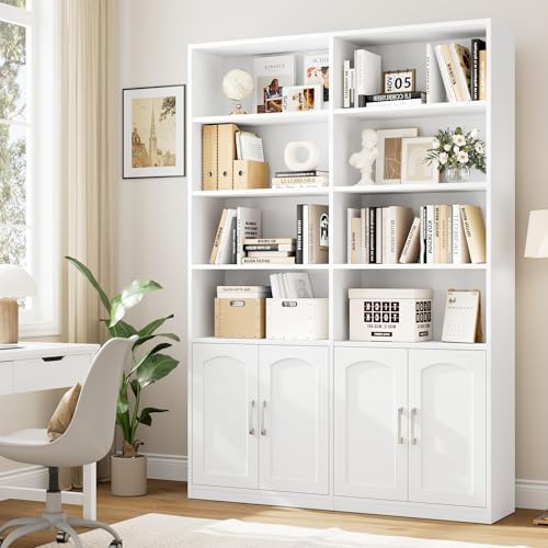 Bookshelf and Bookcase with Doors, Double Wide Large Bookshelves | Industrial Open Display Shelves 6 Tier, 73'' Tall Bookshelf with Storage Cabinets for Office,Home, Living Room, Library,White