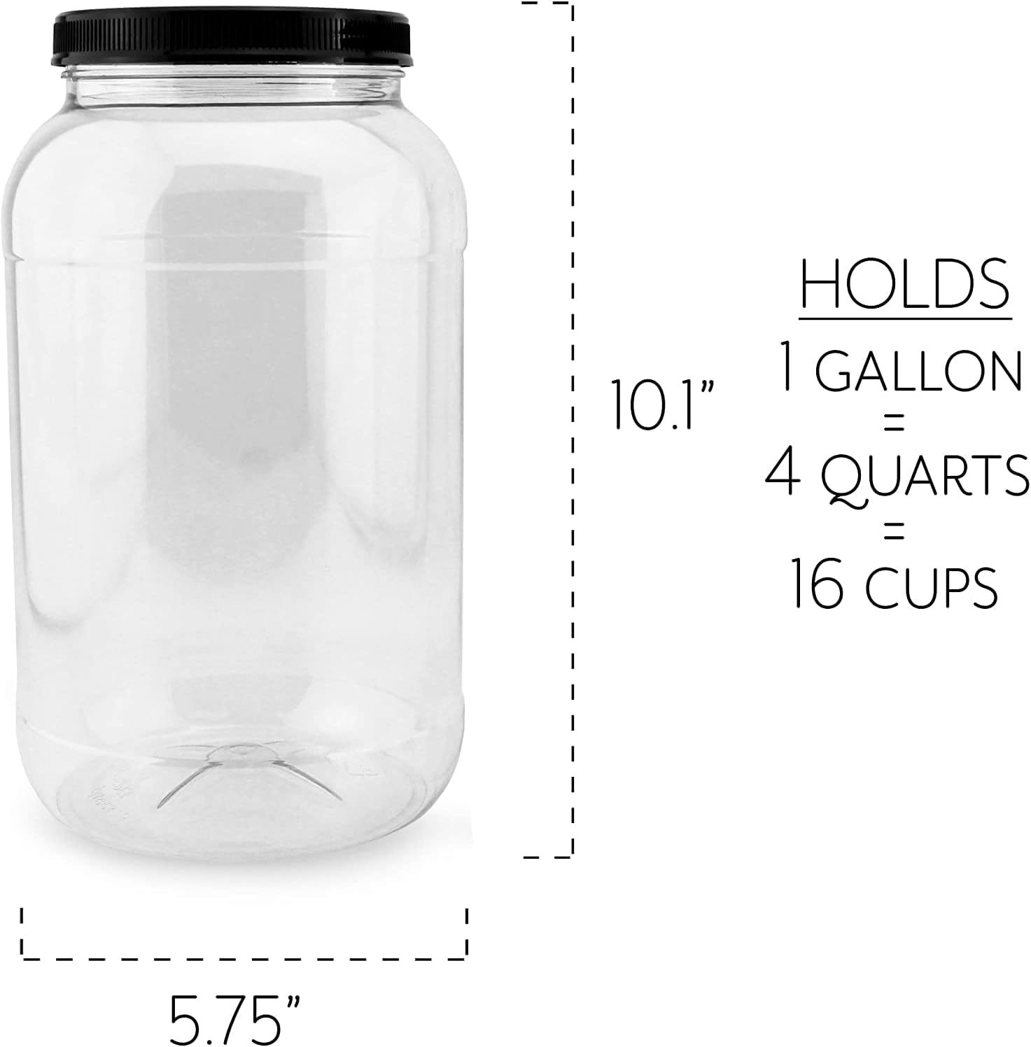 Cornucopia Brands Gallon Plastic Jars (2-Pack); Clear Round Containers w/Black Ribbed Lids, BPA-Free 4-Quart Large Size