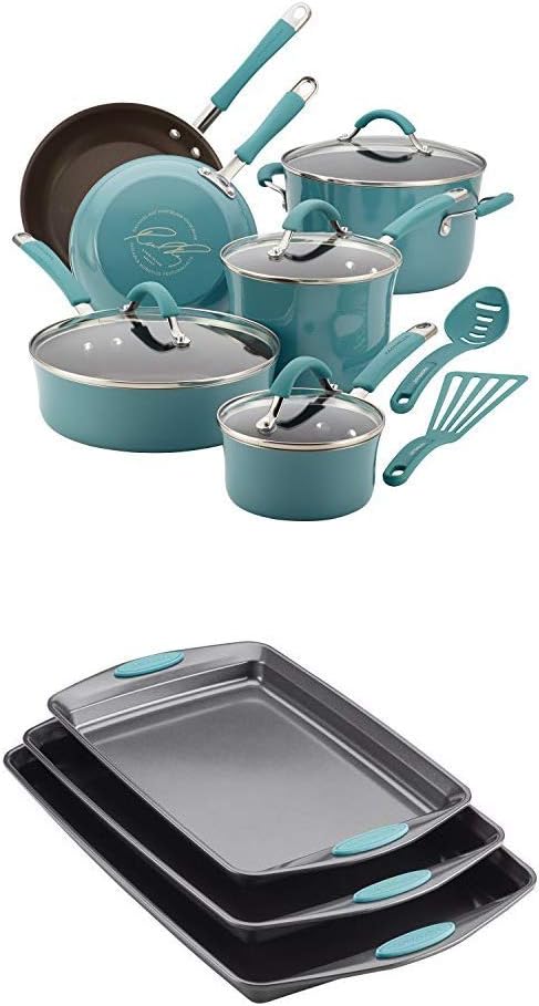 Rachael Ray 16344 12-Piece Aluminum Cookware Set, Agave Blue with Rachael Ray Nonstick Bakeware Cookie Pan Set, 3-Piece
