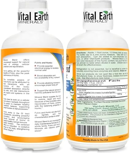 Vital Earth Minerals Fulvic Humic Mineral Blend Liquid 2-Pack – Fulvic Acid Supplement with 70+ Trace Minerals, Electrolytes for Recovery, Balance & Energy, 32 Oz Ea + 1 Oz Cup Ea