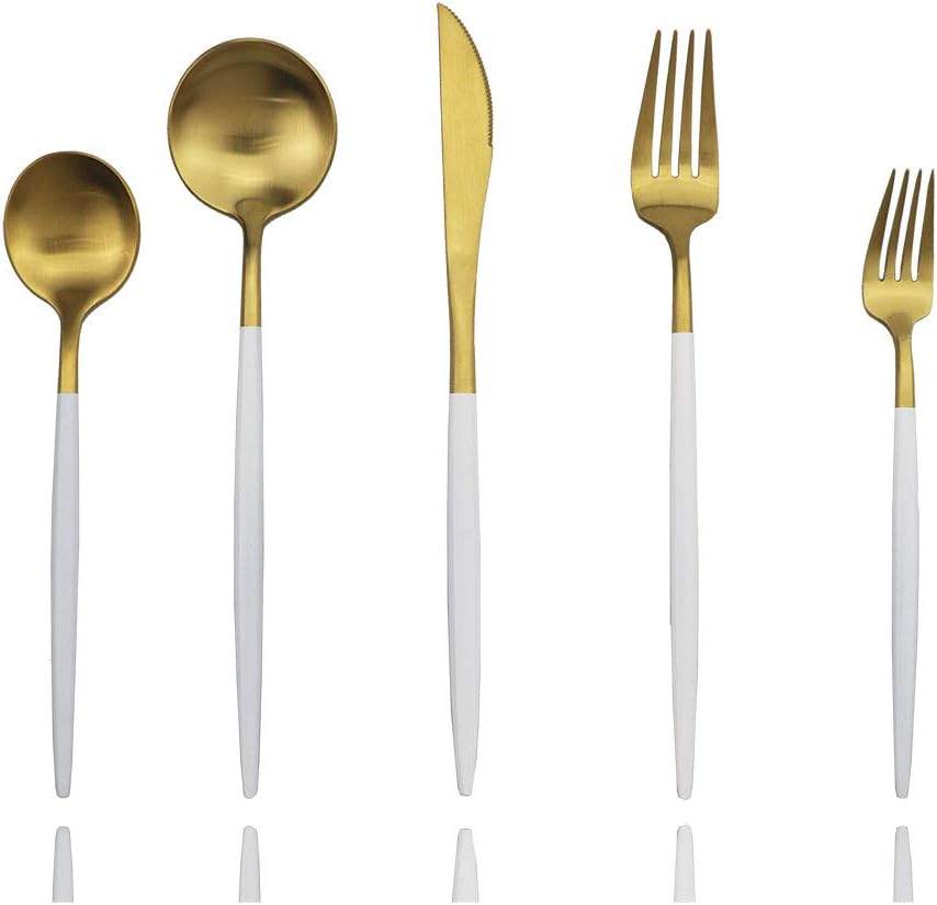 JASHII Luxury 18/10 Rainbow Flatware Set - 304 Stainless Steel Colorful Cutlery - 5-Piece Adaline Royal Modern Satin Finish for Birthday