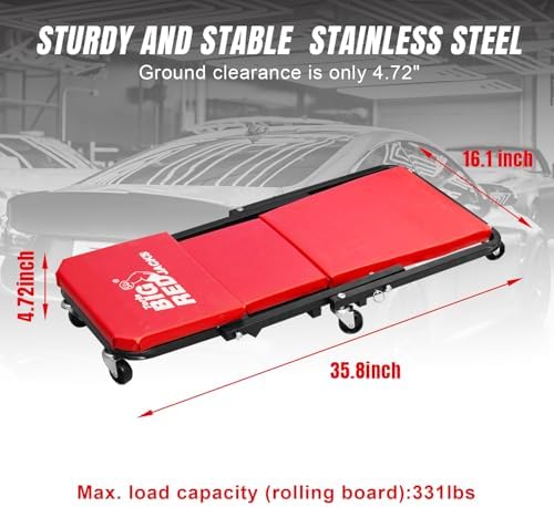 BIG RED TRP6240 Torin Blow Molded Plastic Rolling Garage/Shop Creeper: 40" Mechanic Cart with Padded Headrest, Dual Tool Trays and 6 Casters, Red