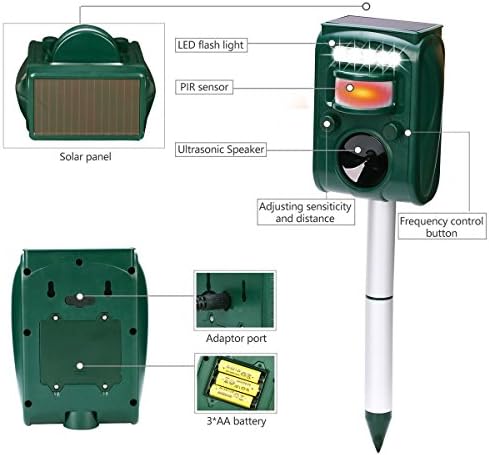 Solar Ultrasonic Animal Repeller, Cat Repellent, Motion Detection, Siren and Flash Repel. Dog, Squirrel, Deer, Raccoon, Skunk, Rabbit, Fox, etc